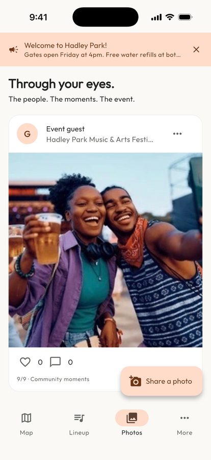 Bira Events attendee photo feed showing a shared photo from a sample event, with likes, comments and a Share a photo button