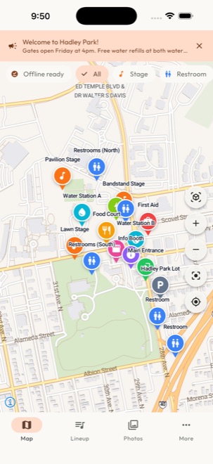 Bira attendee demo map with labeled stages, food, water and first aid locations